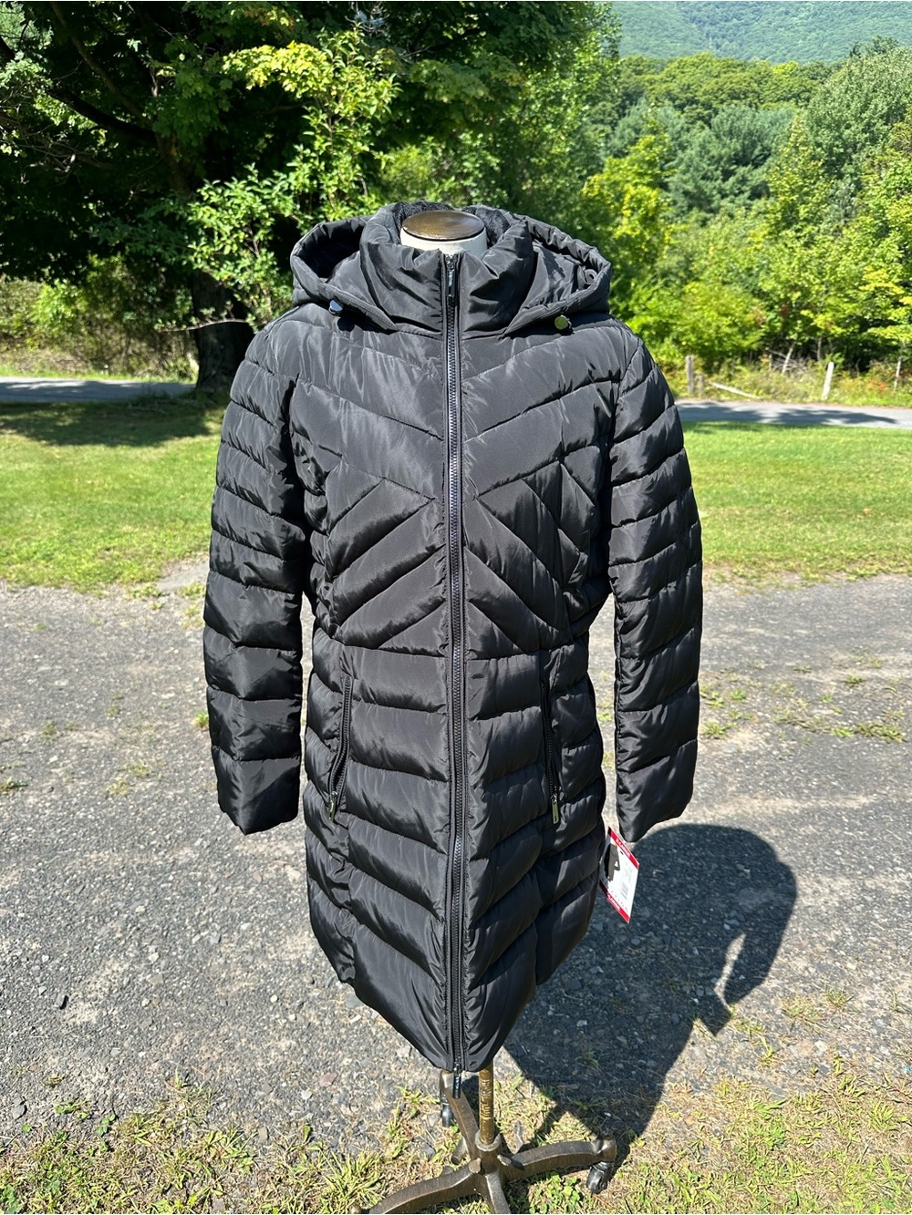 Kenneth Cole Reaction Black Hooded Quilted Long Puffer Coat